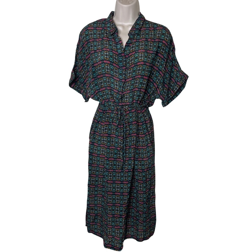 Megan Park teal green pink button front waist adjusted midi dress sz 2 US L